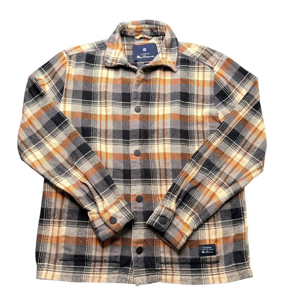 Ben Sherman Plaid Shirt Mens Orange Grey Snap Front Flannel Heritage Small